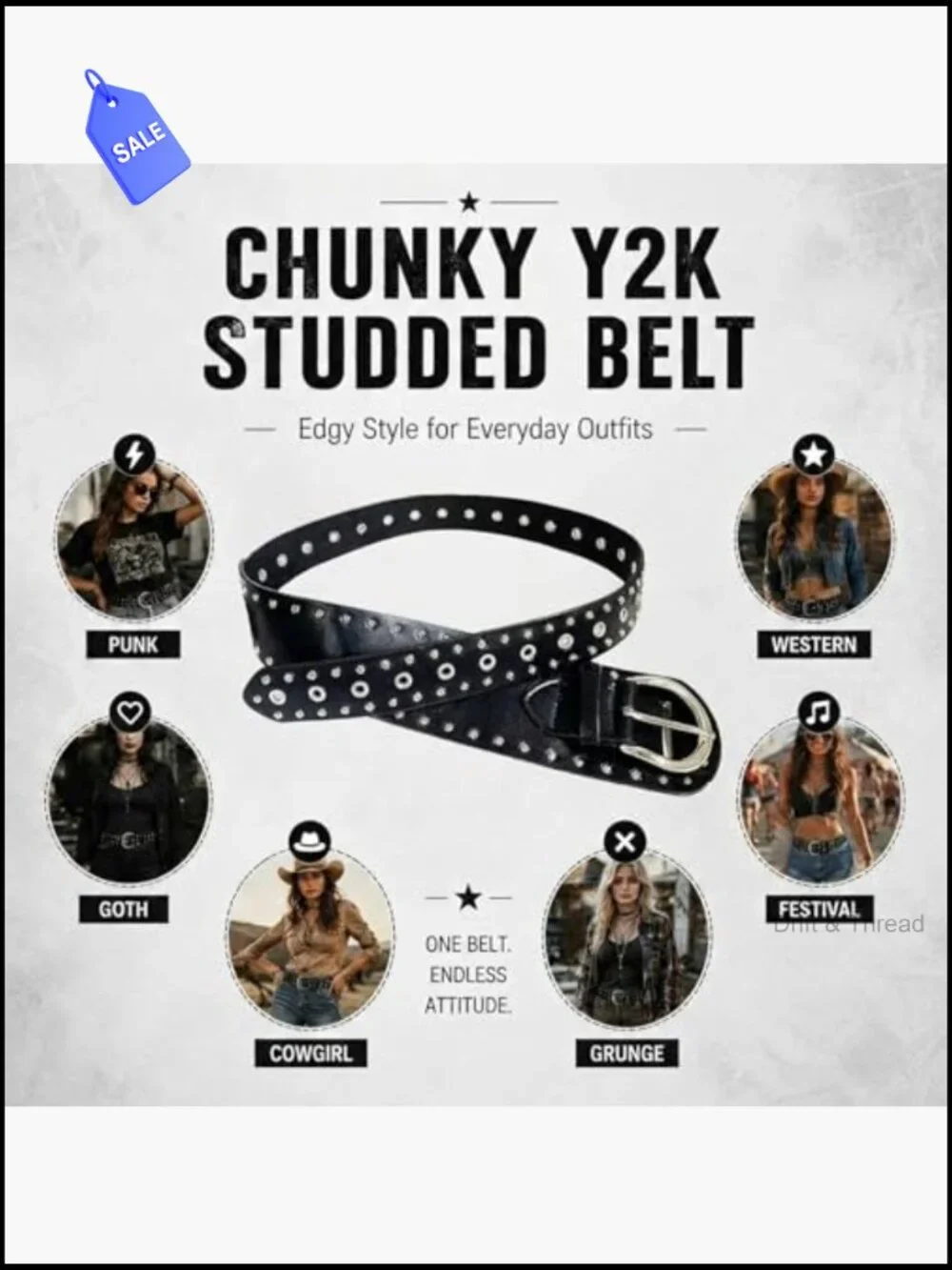 Chunky Studded Belt with Silver Rivets Punk Waist Belt for Jeans Dresses Concert